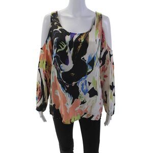 Aaron Ashe Womens Silk Abstract Print Long Sleeves Blouse Multi Colored Size Lar